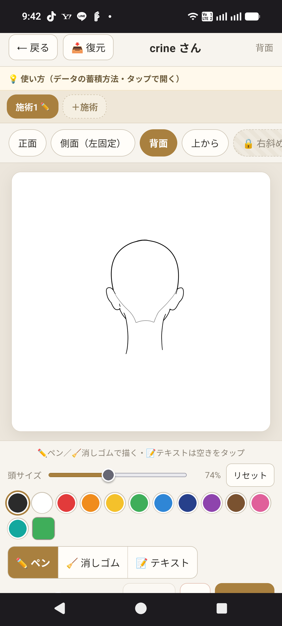 髪型を手描きする画面